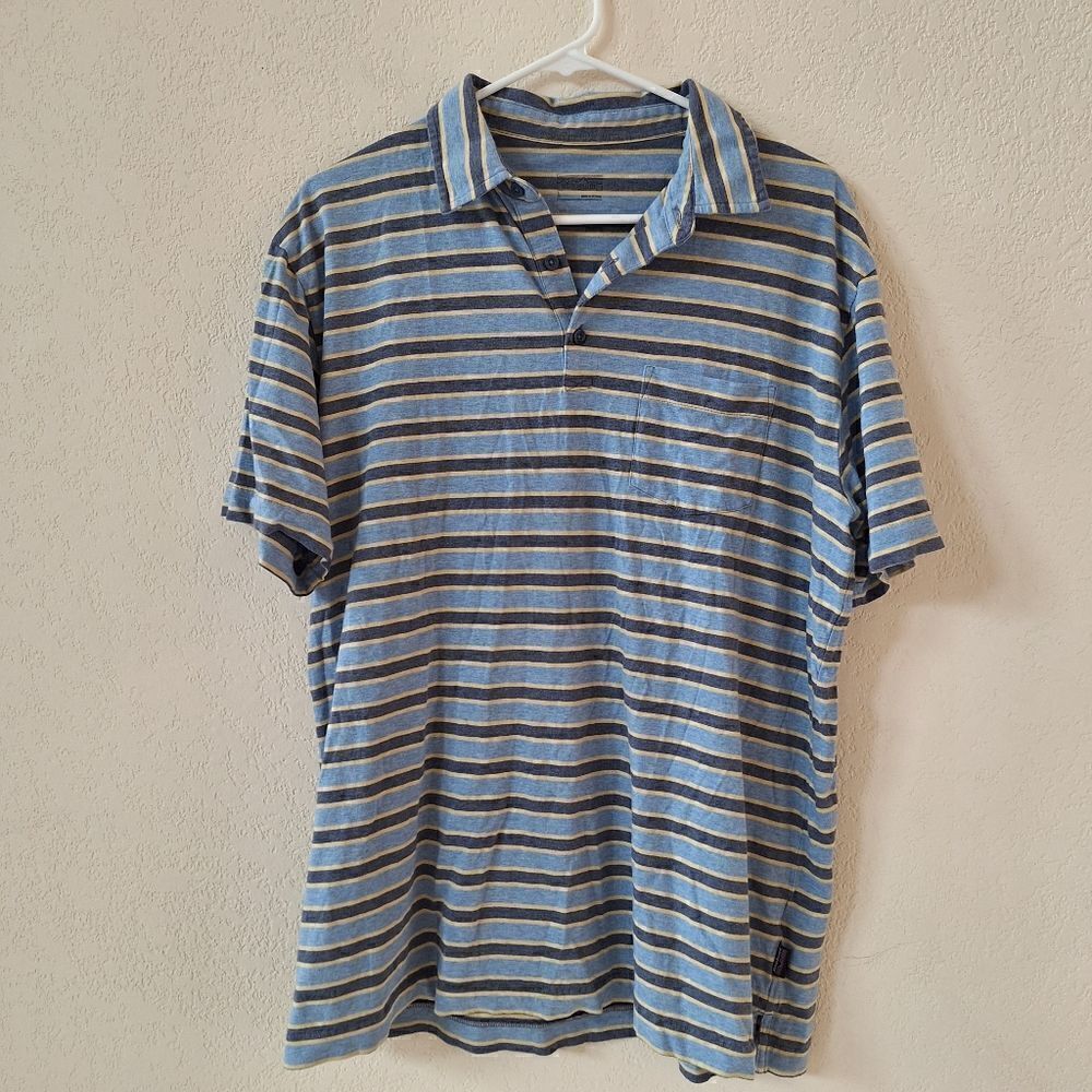 Patagonia Squeaky Clean blue and yellow striped polo Large